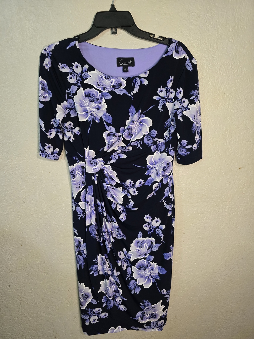 connected apparel Navy Floral Ruched Midi Dress with Lavender Blooms